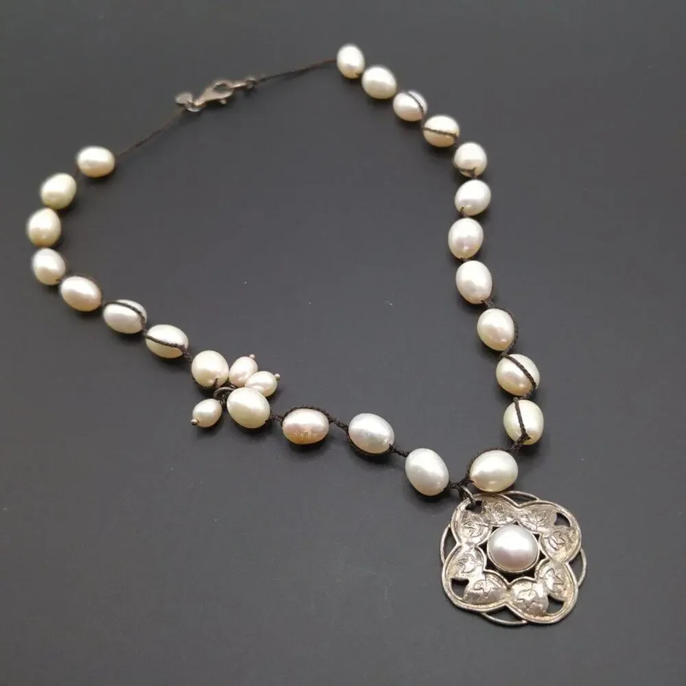 Silpada Pearl Pendant Necklace Sterling Silver Silk Cord Artisan Necklace